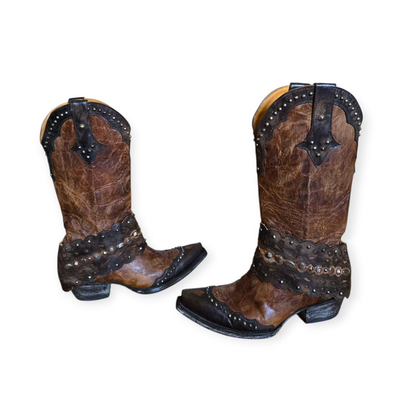 Old Gringo Brown Western Distressed Leather Studded Pointed Toe Cowboy Boots - Picture 6 of 9